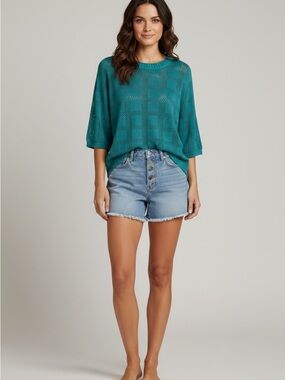 Open-Knit Teal Crewneck Sweater Top - Women